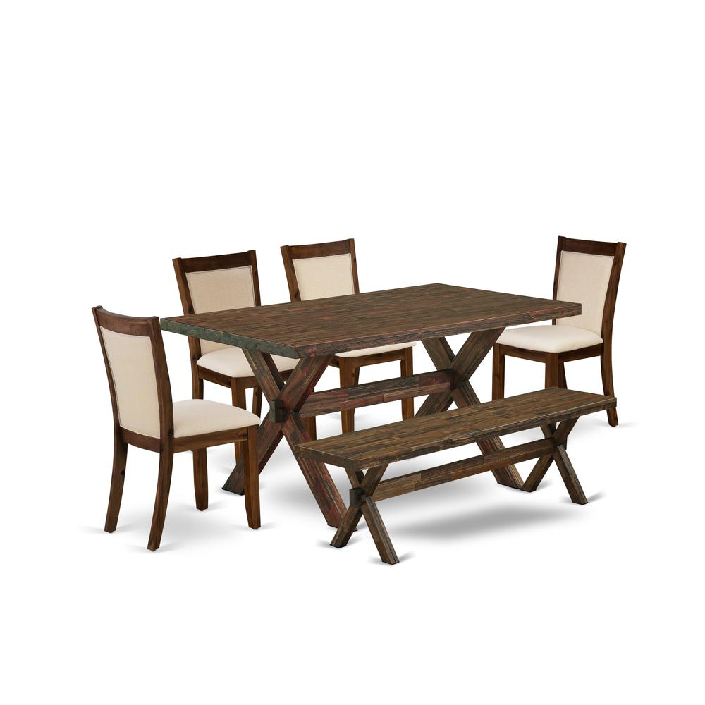 East West Furniture 6-Piece Dining Room Set Consists of a Rectangular Table and a Wooden Bench with 4 Light Beige Linen Fabric Dinner Chairs with Stylish Back - Distressed Jacobean Finish. Picture 2