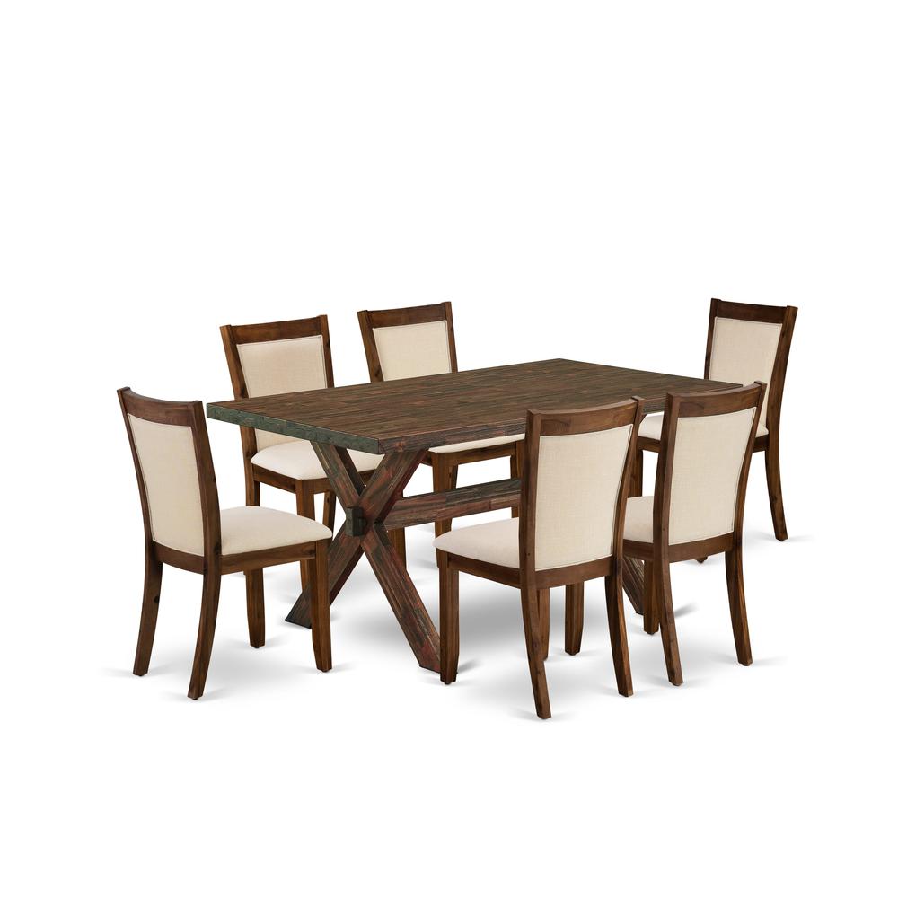 East West Furniture 7-Pc Kitchen Table Set Contains a Mid Century Table and 6 Light Beige Linen Fabric Parsons Chairs with Stylish Back - Distressed Jacobean Finish. Picture 2
