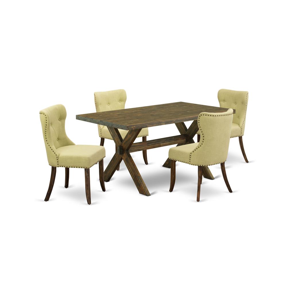 East West Furniture X776SI737-5 5-Pc Dining Room Set- 4 Parson Dining Chairs with Limelight Linen Fabric Seat and Button Tufted Chair Back - Rectangular Table Top & Wooden Cross Legs - Distressed Jaco. Picture 1