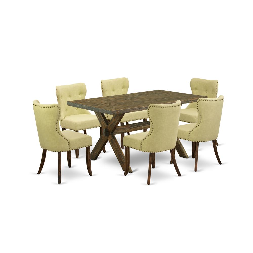 East West Furniture X776SI737-7 7-Pc Dinette Room Set- 6 Mid Century Dining Chairs with Limelight Linen Fabric Seat and Button Tufted Chair Back - Rectangular Table Top & Wooden Cross Legs - Distresse. Picture 1