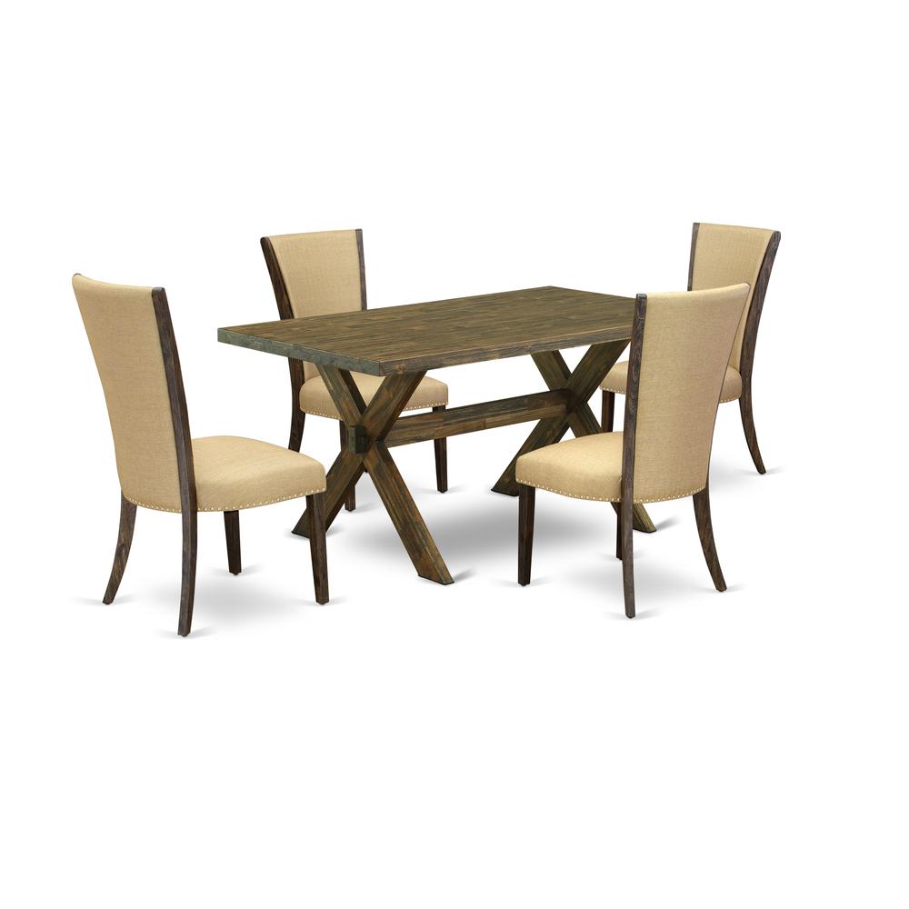 East West Furniture X776VE703-5 5Pc Dining Table Set Includes a Wood Dining Table and 4 Parson Dining Chairs with Brown Color Linen Fabric, Medium Size Table with Full Back Chairs, Distressed Jacobean. Picture 1