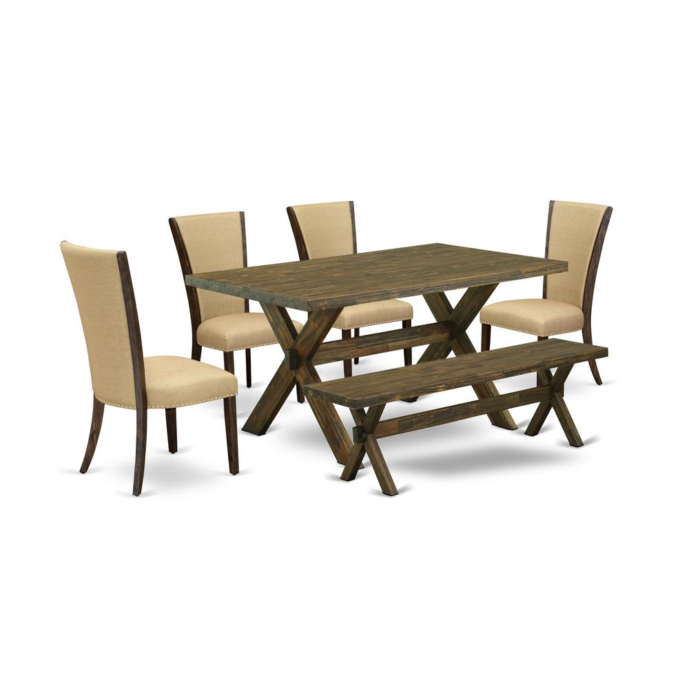 East West Furniture X776VE703-6 6 Piece Dining Table Set - 4 Brown Linen Fabric Kitchen Chairs with Nailheads and Distressed Jacobean Wooden Table - 1 Mid Century Bench - Distressed Jacobean Finish. Picture 1