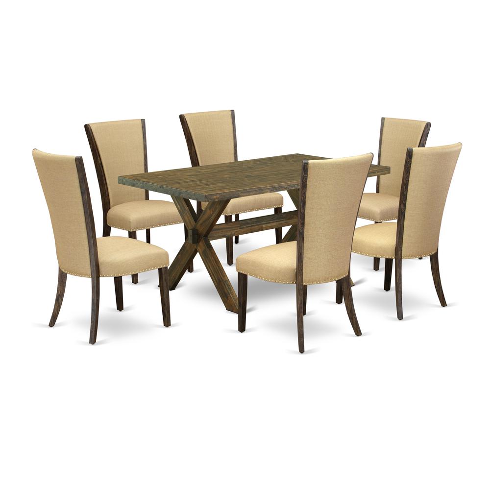 East West Furniture X776VE703-7 7Pc Dining Room Table Set Consists of a Kitchen Table and 6 Upholstered Dining Chairs with Brown Color Linen Fabric, Medium Size Table with Full Back Chairs, Distressed. Picture 1