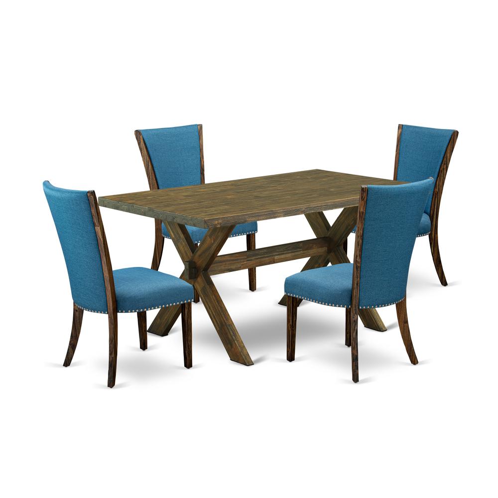 East West Furniture X776VE721-5 5Pc Dining Table set Includes a Dinette Table and 4 Parson Dining Chairs with Blue Color Linen Fabric, Distressed Jacobean Finish. Picture 1