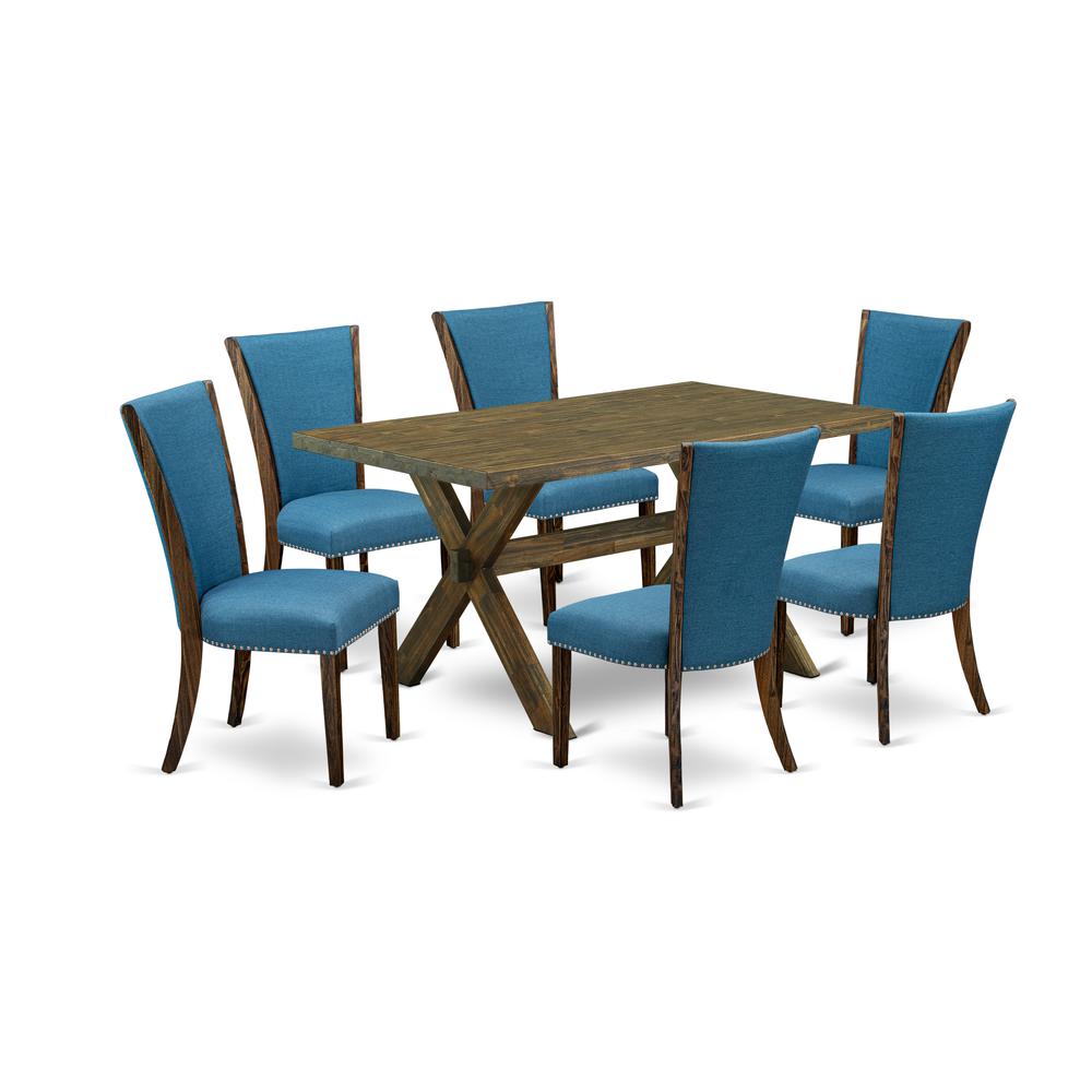 East West Furniture X776VE721-7 7Pc Dinette Sets for Small Spaces Offers a Rectangular Table and 6 Parson Chairs with Blue Color Linen Fabric, Distressed Jacobean Finish. Picture 1