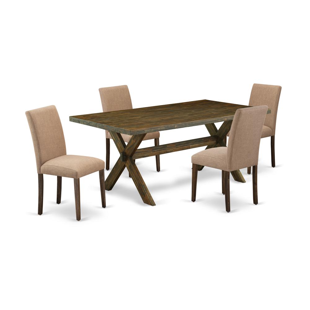East West Furniture 5-Pc Kitchen Table Set Includes 4 Mid Century Chairs with Upholstered Seat and High Back and a Rectangular Wooden Dining Table - Distressed Jacobean Finish. Picture 1