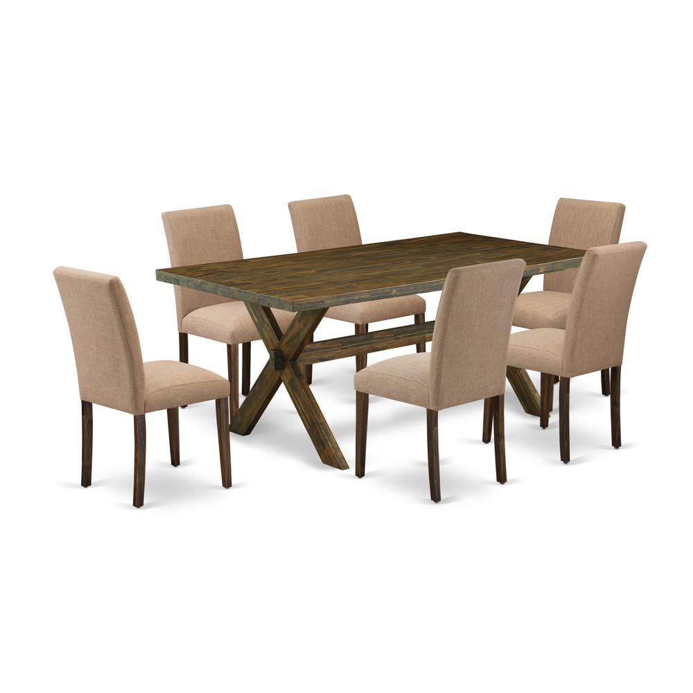 East West Furniture 7-Pc kitchen dining table set Includes 6 Dining Chairs with Upholstered Seat and High Back and a Rectangular Table - Distressed Jacobean Finish. Picture 1