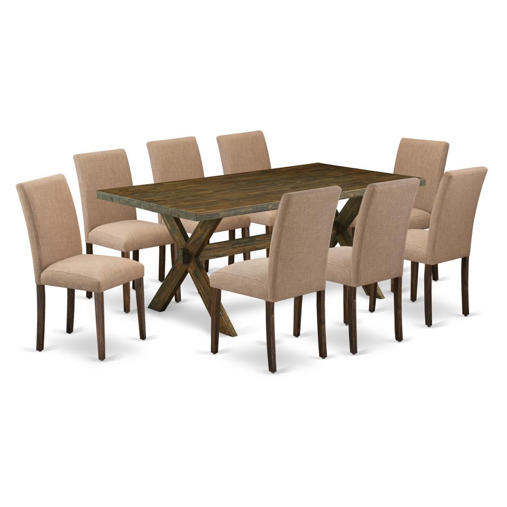 East West Furniture 9-Piece Dining Set Includes 8 Dining Room Chairs with Upholstered Seat and High Back and a Rectangular Modern Rectangular Dining Table - Distressed Jacobean Finish. Picture 1