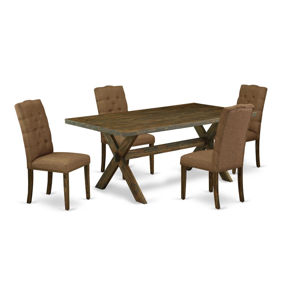 East West Furniture 5-Piece Dining room Set Included 4 kitchen parson chairs Upholstered Seat and High Button Tufted Chair Back and Rectangular dining table with Distressed Jacobean Mid Century Dining. Picture 1