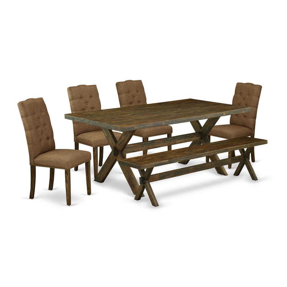 East West Furniture 6-Piece Dinette Table Set-Brown Beige Linen Fabric Seat and Button Tufted Chair Back Parson chairs, A Rectangular Bench and Rectangular Top dining room table with Wood Legs - Distr. Picture 1
