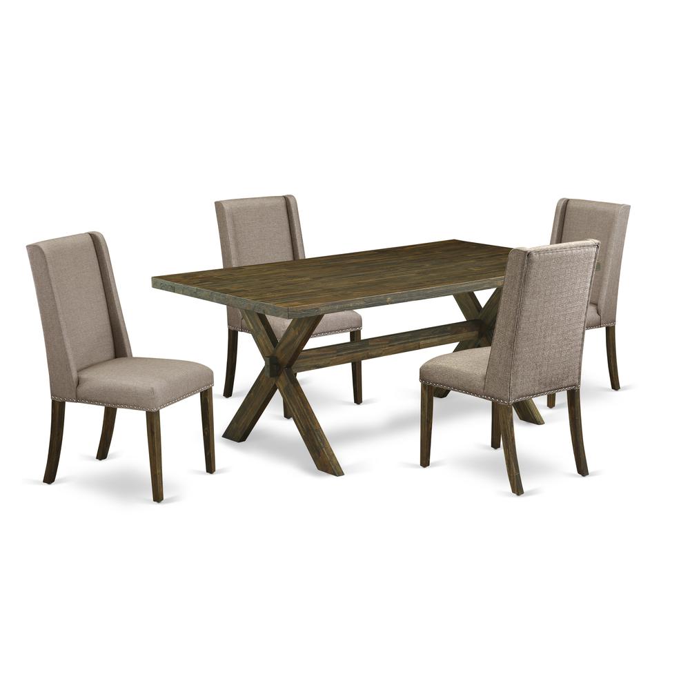 East West Furniture 5-Piece Rectangular Dining Table Set Included 4 Parson Chair Upholstered Nails Head Seat and Stylish Chair Back and rectangular dining Dining Table with Distressed Jacobean Dinette. The main picture.