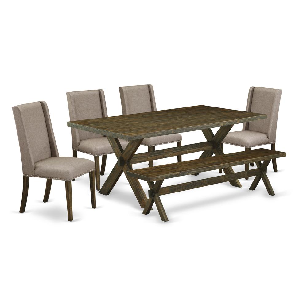 East West Furniture 6-Pc Dining Table Set-Dark Khaki Linen Fabric Seat and High Stylish Chair Back Modern Dining chairs, A Rectangular Bench and Rectangular Top Kitchen Table with Wooden Legs - Distre. Picture 1