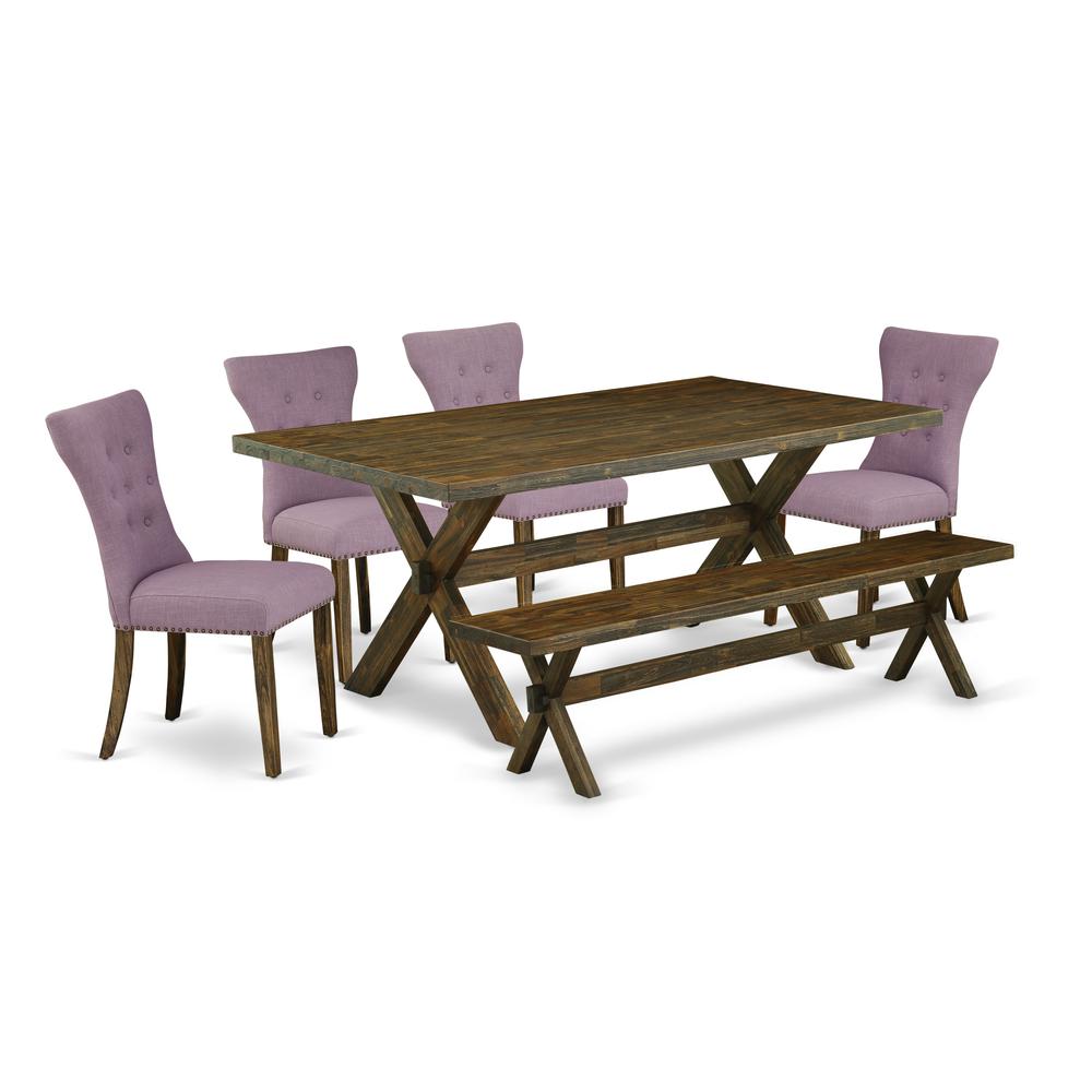 East West Furniture 6-Pc Mid Century Dining Table Set-Dahlia Linen Fabric Seat and Button Tufted Chair Back Parson chairs, A Rectangular Bench and Rectangular Top Kitchen Table with Solid Wood Legs -. Picture 1