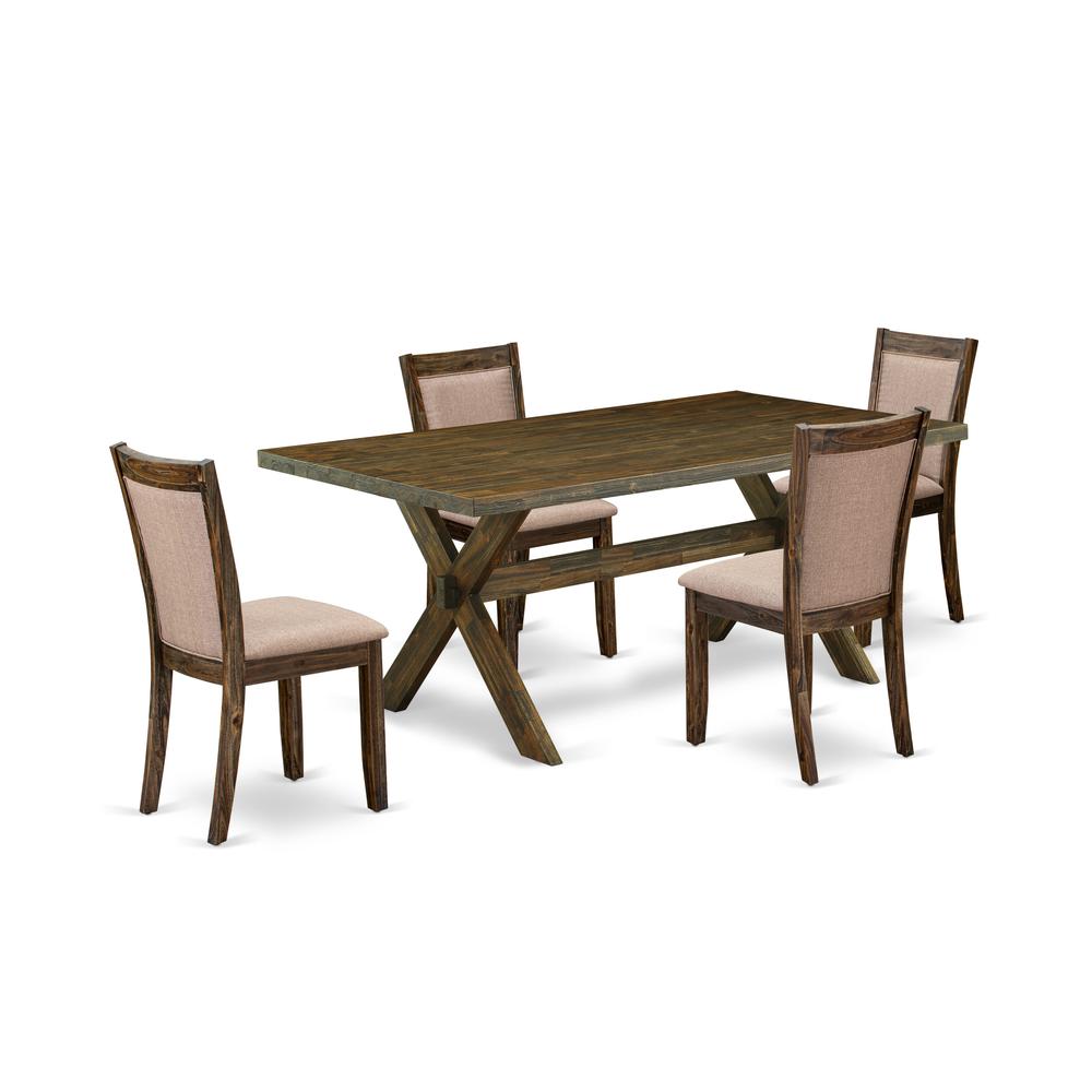 East West Furniture 5 Piece Dining Table Set - A Distressed Jacobean Top Kitchen Table with Trestle Base and 4 Dark Khaki Linen Fabric Dining Chairs - Distressed Jacobean Finish. Picture 2