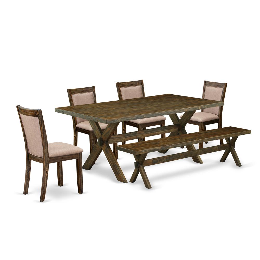 East West Furniture 6 Piece Dinette Set- A Distressed Jacobean Top Modern Dining Table in Trestle Base with Bench and 4 Dark Khaki Linen Fabric Dining Chairs - Distressed Jacobean Finish. Picture 2