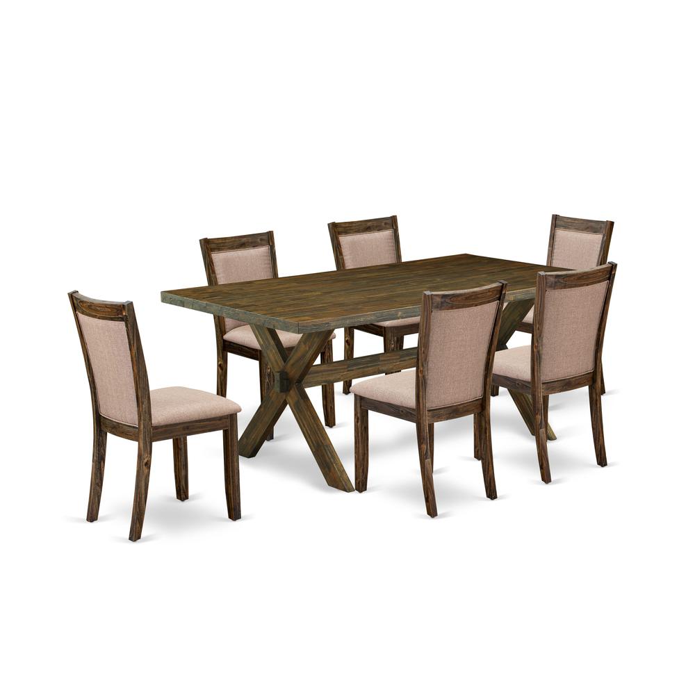 East West Furniture 7 Piece Rustic Dining Table Set - A Distressed Jacobean Top Wooden Table with Trestle Base and 6 Dark Khaki Linen Fabric Dining Chairs - Distressed Jacobean Finish. Picture 2