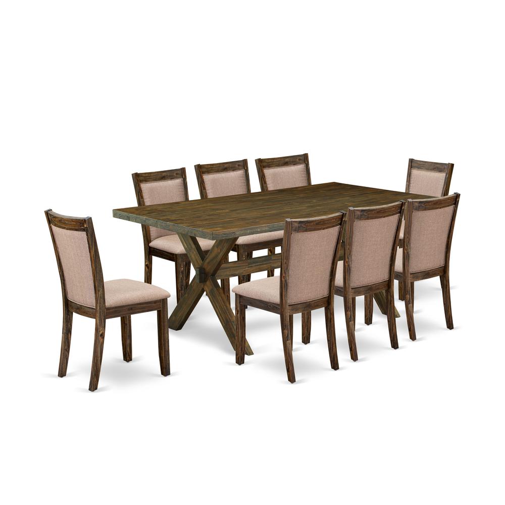 East West Furniture 9 Piece Modern Dining Set - A Distressed Jacobean Top Dining Table with Trestle Base and 8 Dark Khaki Linen Fabric Parson Chairs - Distressed Jacobean Finish. Picture 2