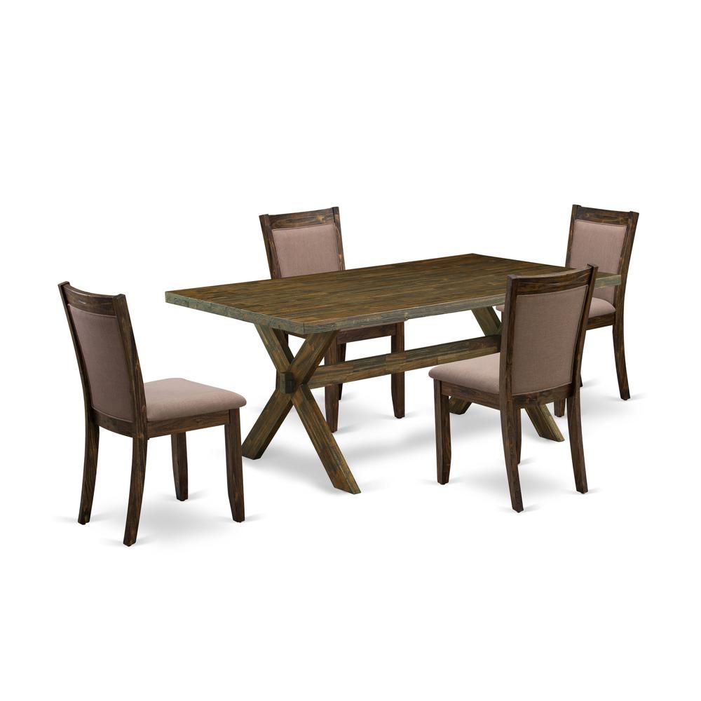 East West Furniture 5 Piece Dinning Table Set - A Distressed Jacobean Top Dining Table with Trestle Base and 4 Coffee Linen Fabric Rustic Dining Chairs - Distressed Jacobean Finish. Picture 2