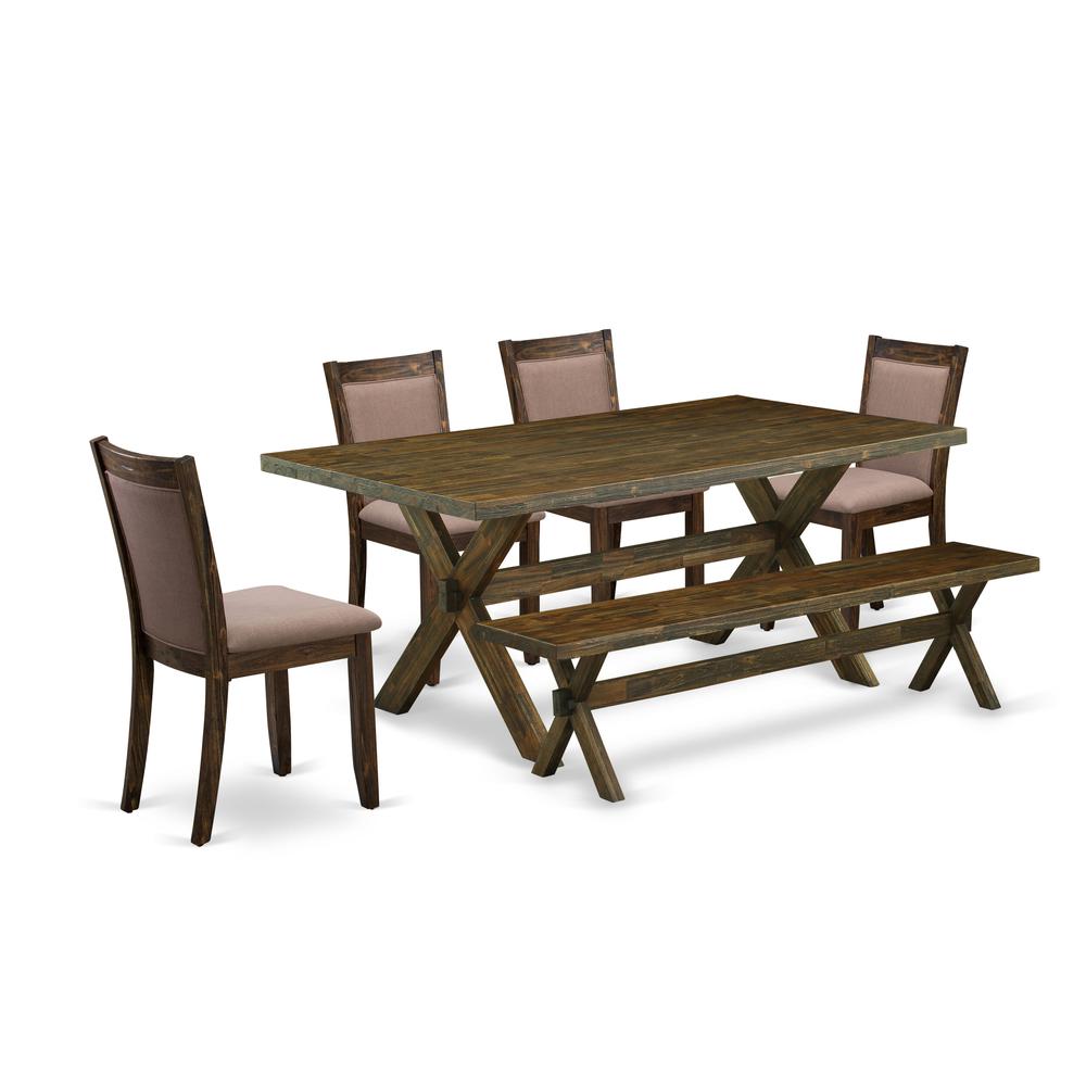 East West Furniture 6 Piece Dining Set- A Distressed Jacobean Top Wooden Table in Trestle Base with Small Wood Bench and 4 Coffee Linen Fabric Kitchen Chairs - Distressed Jacobean Finish. Picture 2