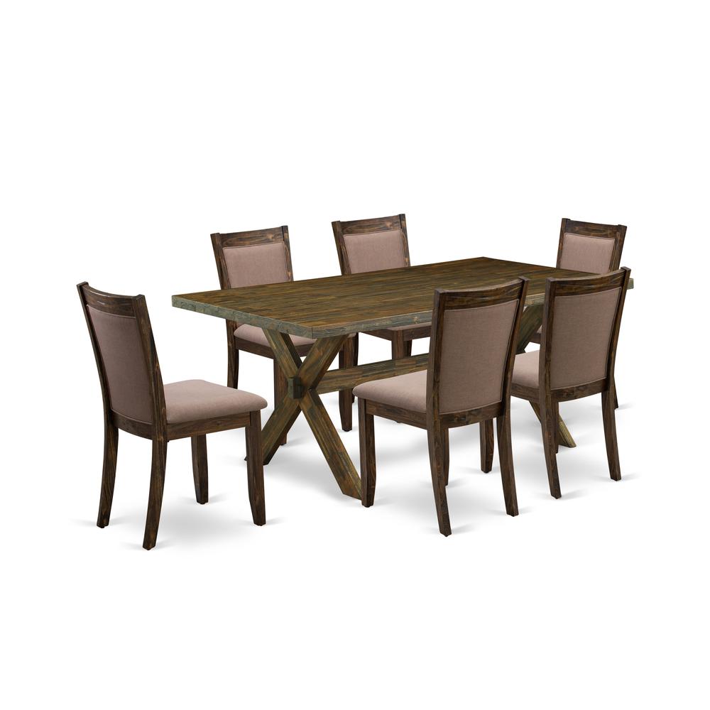 East West Furniture 7 Piece Wooden Kitchen Table Set - A Distressed Jacobean Top Dining Table with Trestle Base and 6 Coffee Linen Fabric Wood Dining Chairs - Distressed Jacobean Finish. Picture 2