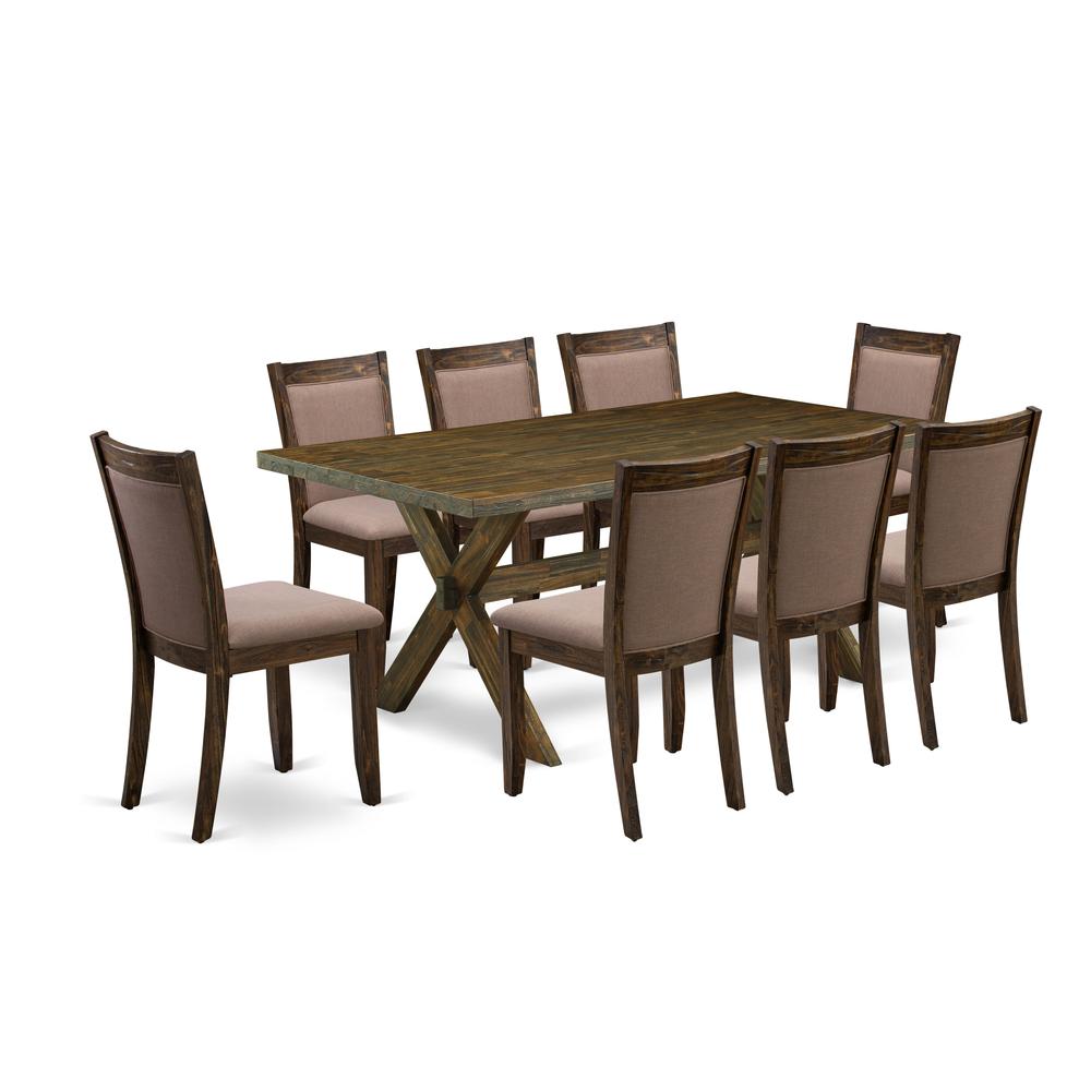 East West Furniture 9 Piece Kitchen Table Set - A Distressed Jacobean Top Kitchen Table with Trestle Base and 8 Coffee Linen Fabric Dinner Chairs - Distressed Jacobean Finish. Picture 2