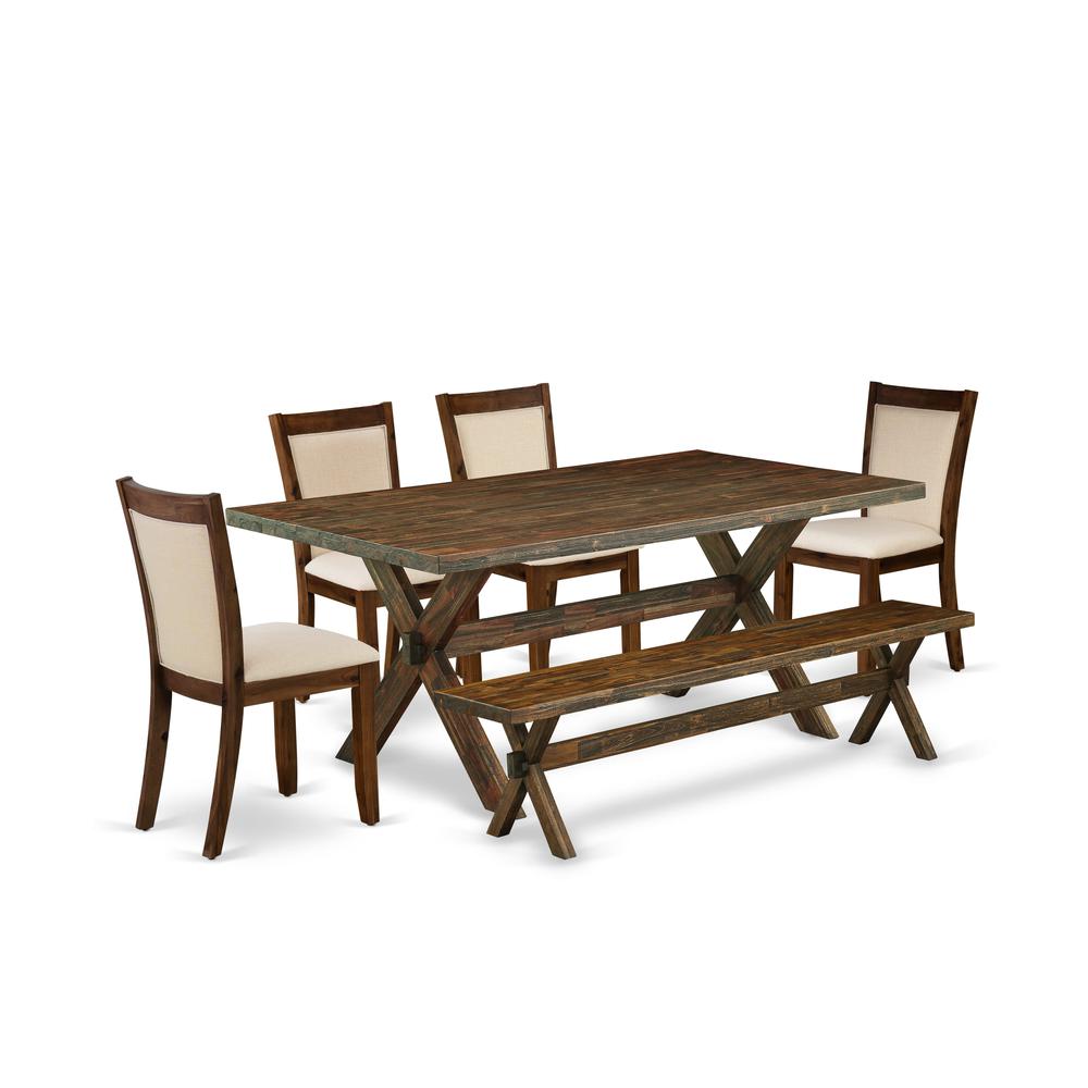 East West Furniture 6-Pc Mid Century Dining Set Consists of a Wood Table and a Dinner Bench with 4 Light Beige Linen Fabric Padded Chairs with Stylish Back - Distressed Jacobean Finish. Picture 2