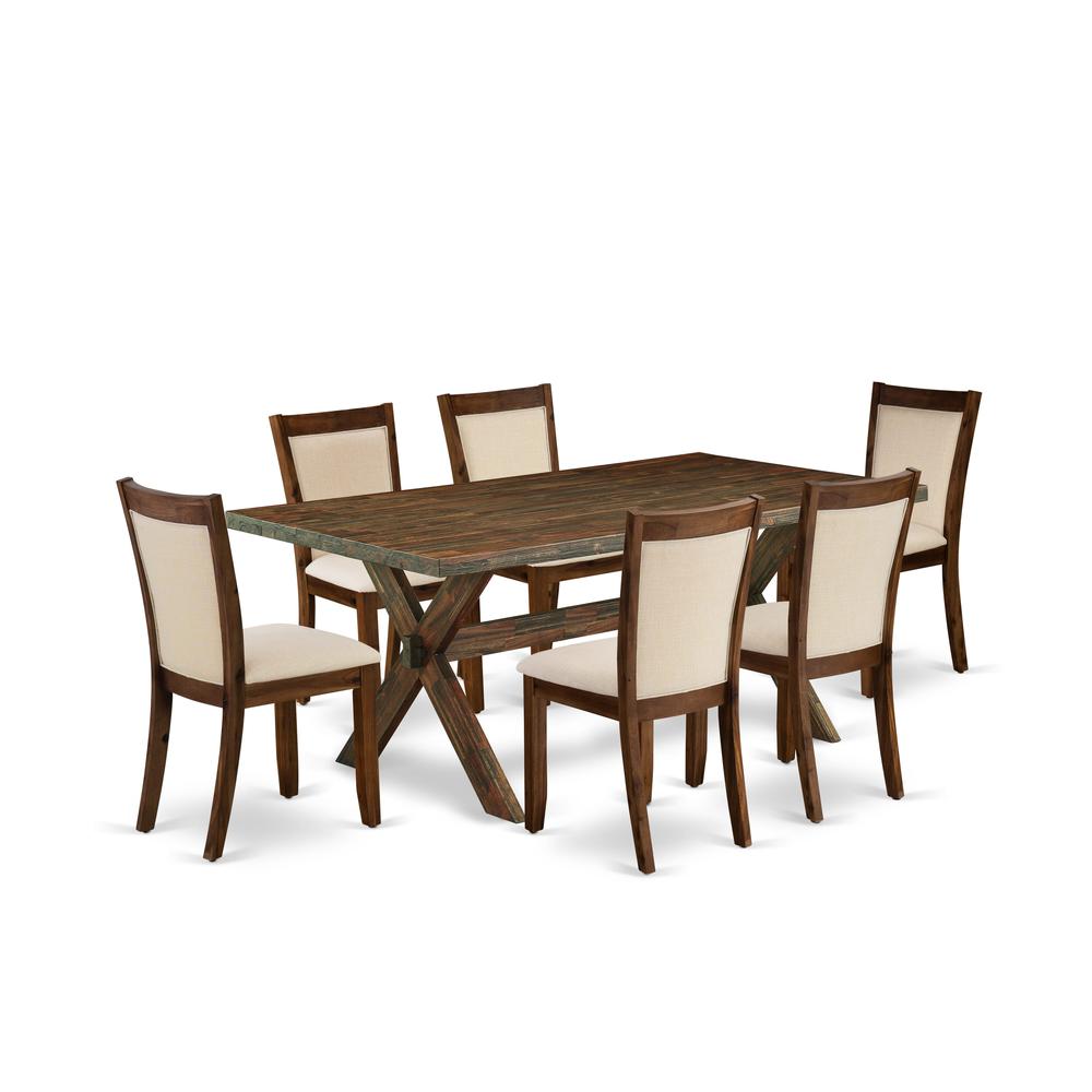 East West Furniture 7-Piece Dining Table Set Contains a Wooden Table and 6 Light Beige Linen Fabric Mid Century Dining Chairs with Stylish Back - Distressed Jacobean Finish. Picture 2