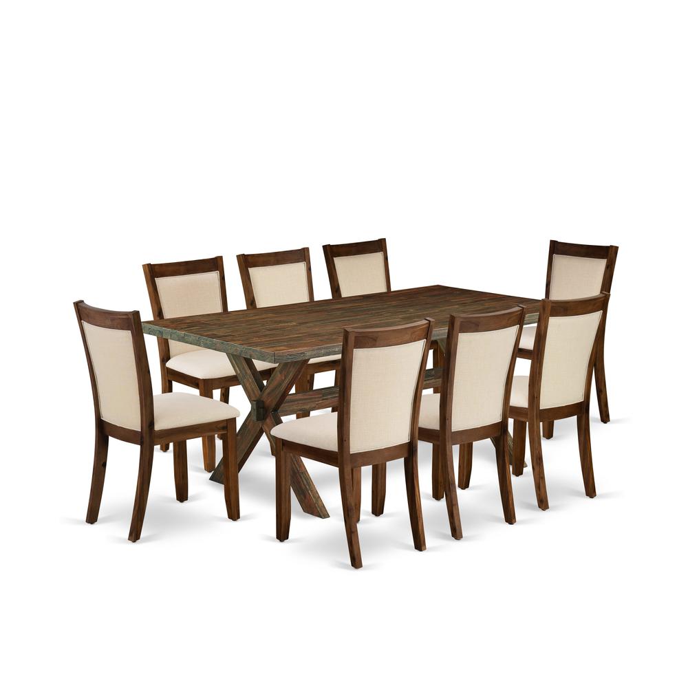 East West Furniture 9-Pc Kitchen Table Set Includes a Wooden Dining Table and 8 Light Beige Linen Fabric Mid Century Dining Chairs with Stylish Back - Distressed Jacobean Finish. Picture 2