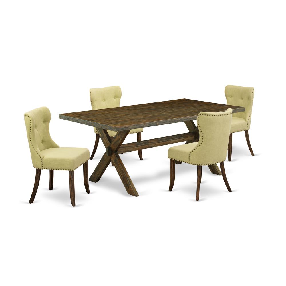 East West Furniture X777SI737-5 5-Pc Modern Dining Set- 4 Parson Dining Chairs with Limelight Linen Fabric Seat and Button Tufted Chair Back - Rectangular Table Top & Wooden Cross Legs - Distressed Ja. Picture 1
