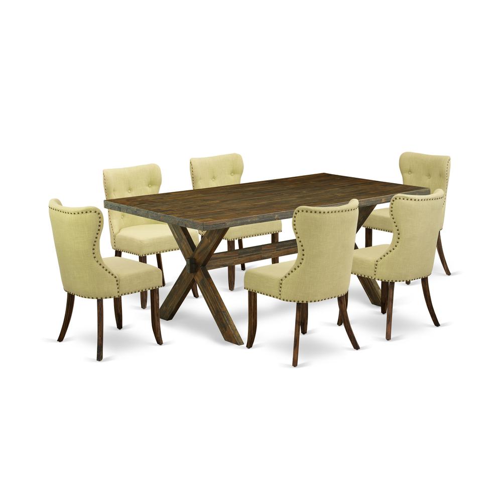 East West Furniture X777SI737-7 7-Pc Dining Table Set- 6 Upholstered Dining Chairs with Limelight Linen Fabric Seat and Button Tufted Chair Back - Rectangular Table Top & Wooden Cross Legs - Distresse. Picture 1