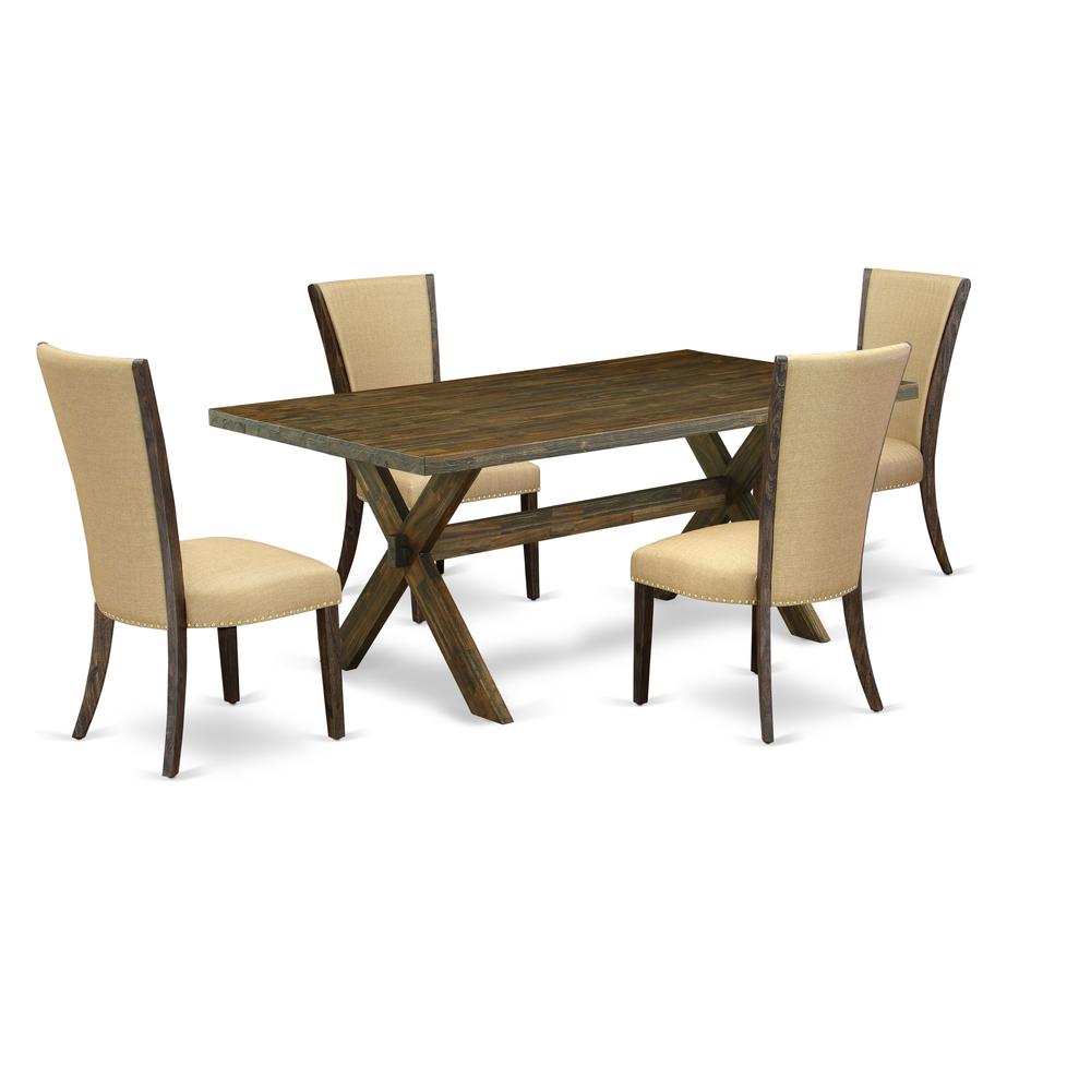 East West Furniture X777VE703-5 5Pc Dinette Set Consists of a Rectangular Table and 4 Parsons Dining Room Chairs with Brown Color Linen Fabric, Medium Size Table with Full Back Chairs, Distressed Jaco. Picture 1