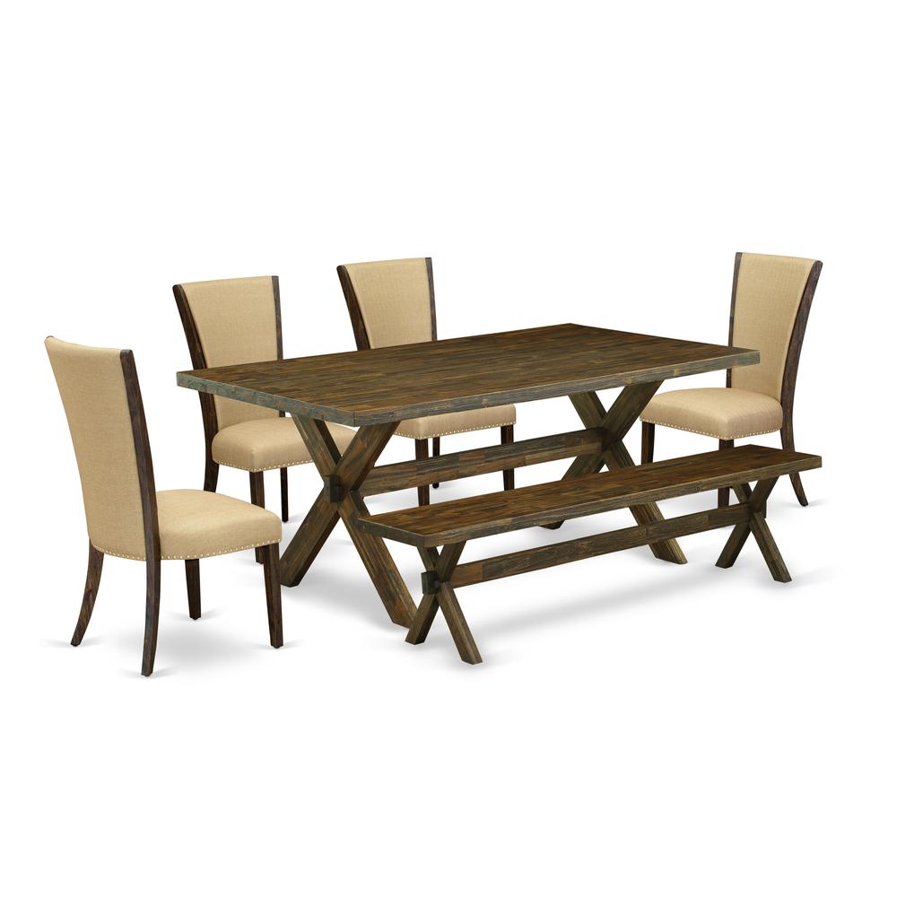East West Furniture X777VE703-6 6 Piece Dining Table Set - 4 Brown Linen Fabric Chair with Nailheads and Distressed Jacobean Wooden Dining Table - 1 Wood Bench - Distressed Jacobean Finish. Picture 1