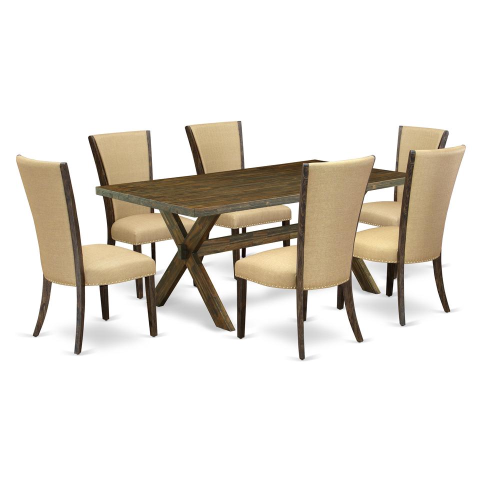 East West Furniture X777VE703-7 7Pc Kitchen Table Set Consists of a Rectangular Table and 6 Parson Dining Chairs with Brown Color Linen Fabric, Medium Size Table with Full Back Chairs, Distressed Jaco. Picture 1