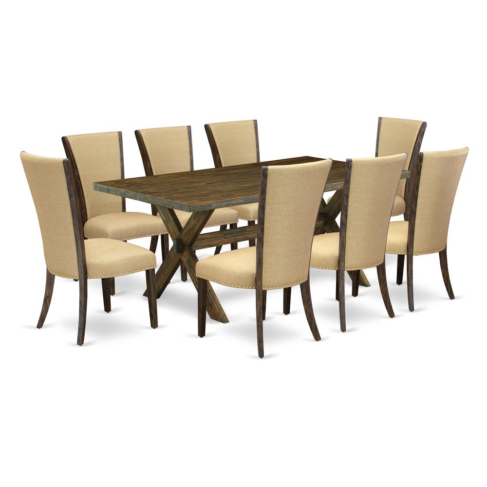 East West Furniture X777VE703-9 9Pc Dining Table Set Includes a Kitchen Table and 8 Upholstered Dining Chairs with Brown Color Linen Fabric, Medium Size Table with Full Back Chairs, Distressed Jacobea. Picture 1