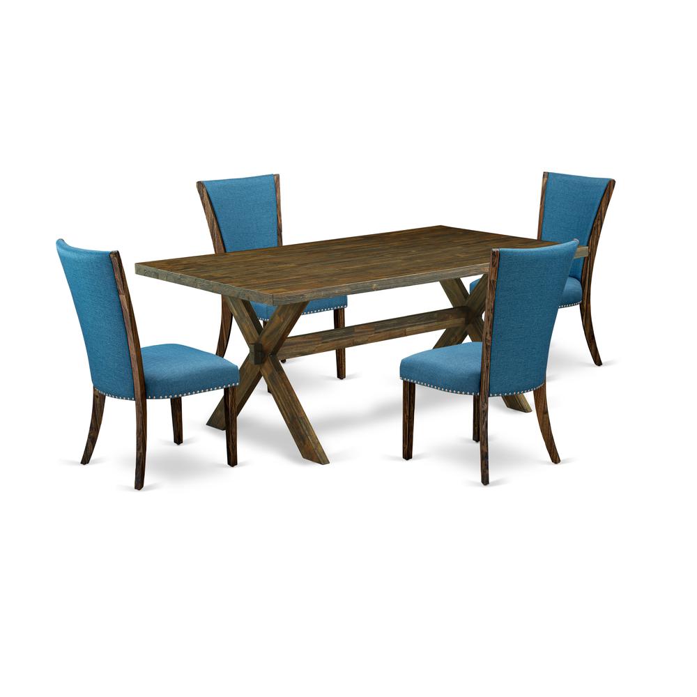 East West Furniture X777VE721-5 5Pc Dining Room Table Set Consists of a Kitchen Table and 4 Parsons Dining Room Chairs with Blue Color Linen Fabric, Distressed Jacobean Finish. Picture 1