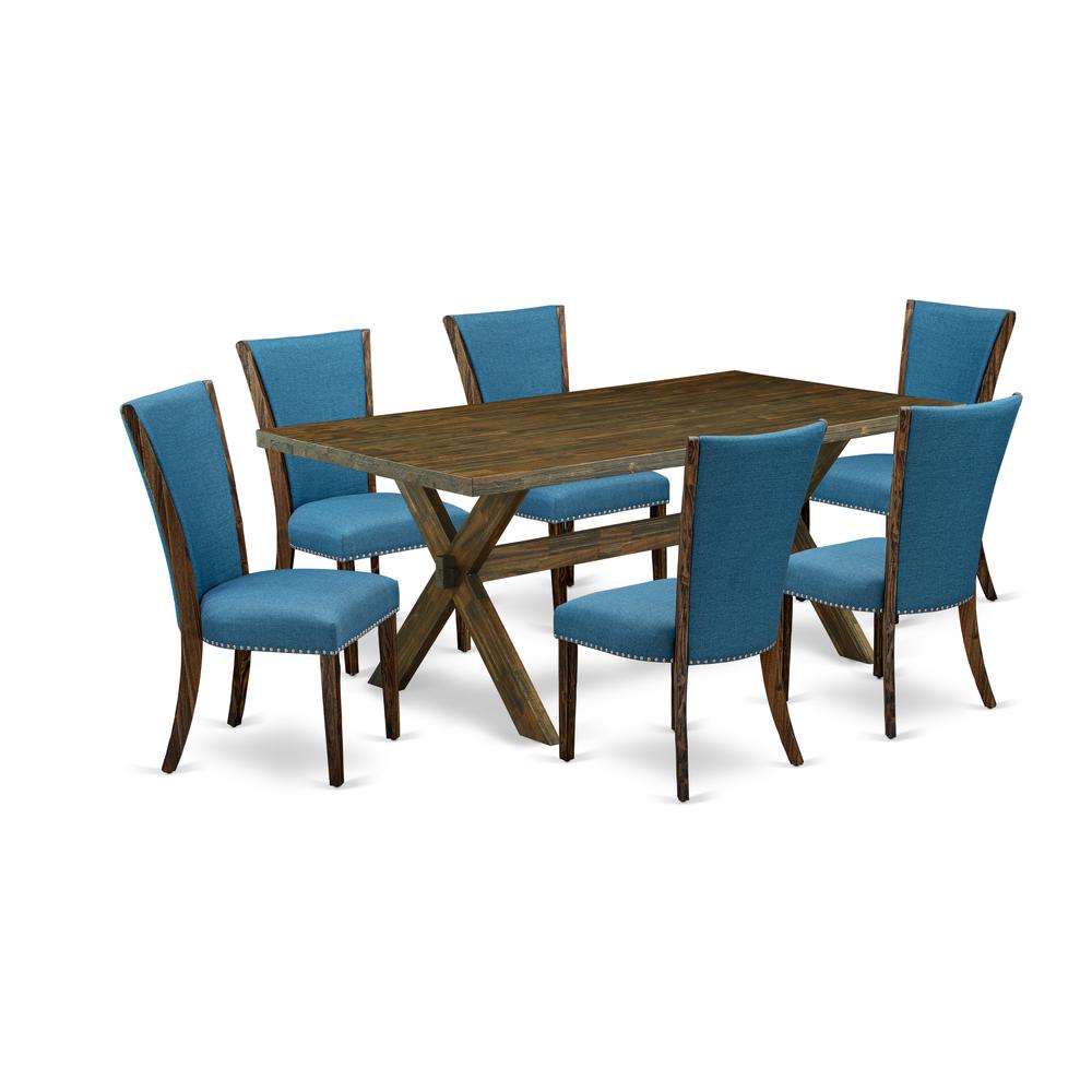 East West Furniture X777VE721-7 7Pc Dining Table set Includes a Rectangle Table and 6 Parsons Dining Room Chairs with Blue Color Linen Fabric, Distressed Jacobean Finish. Picture 1