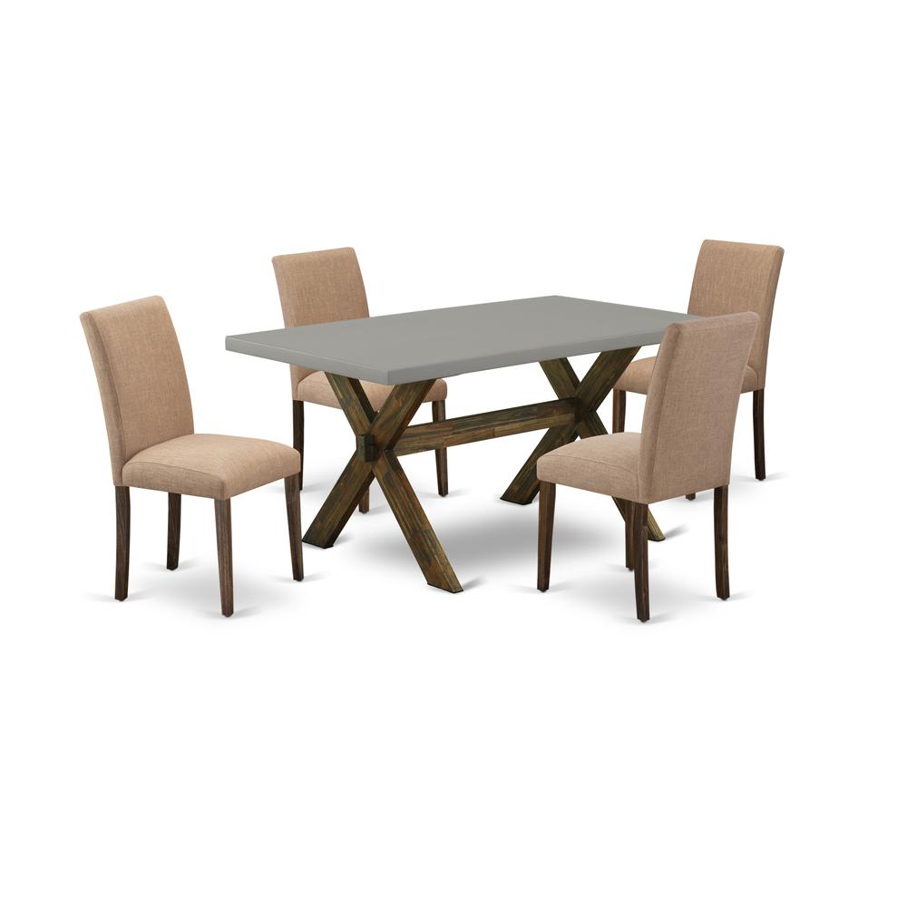 East West Furniture 5-Piece Dining Table Set Includes 4 Modern Chairs with Upholstered Seat and High Back and a Rectangular Table - Distressed Jacobean Finish. Picture 1