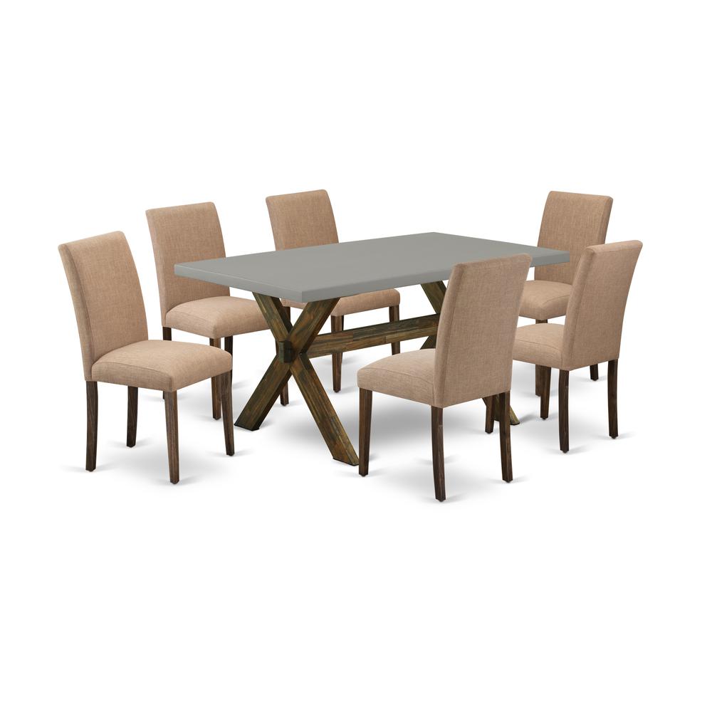 East-West Furniture 7-Pc dining room table set Includes 6 Mid Century Modern Chairs with Upholstered Seat and High Back and a Rectangular Dining Room Table - Distressed Jacobean Finish. Picture 1