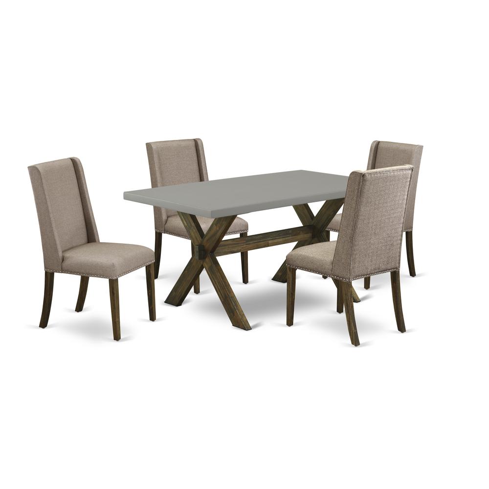 East West Furniture 5-Pc Dinette Set Included 4 Parson Chair Upholstered Seat and Stylish Chair Back and Rectangular Dining Table with Cement Color Kitchen Table Top - Distressed Jacobean Finish. Picture 1