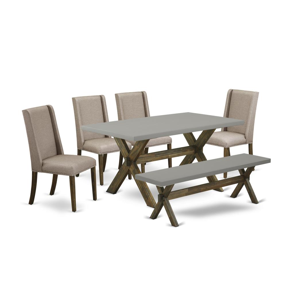 East West Furniture 6-Pc Wooden Dining Table Set-Dark Khaki Linen Fabric Seat and High Stylish Chair Back Dining room chairs, A Rectangular Bench and Rectangular Top Dining room Table with Solid Wood. Picture 1