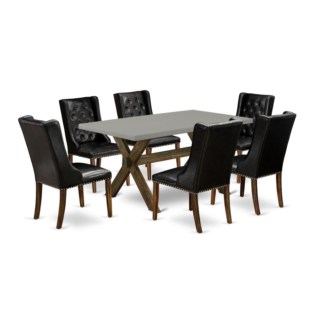 East West Furniture X796FO749-7 7 Piece Dining Set - 6 Black Pu Leather Kitchen Chair Button Tufted with Nail heads and Wood Table - Distressed Jacobean Finish. Picture 1