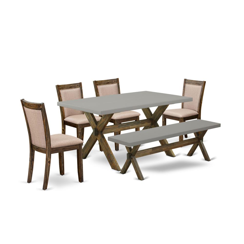 East West Furniture 6 Piece Dinning Room Set- A Cement Top Kitchen Table in Trestle Base with Wooden Bench and 4 Dark Khaki Linen Fabric Modern Chairs - Distressed Jacobean Finish. Picture 2