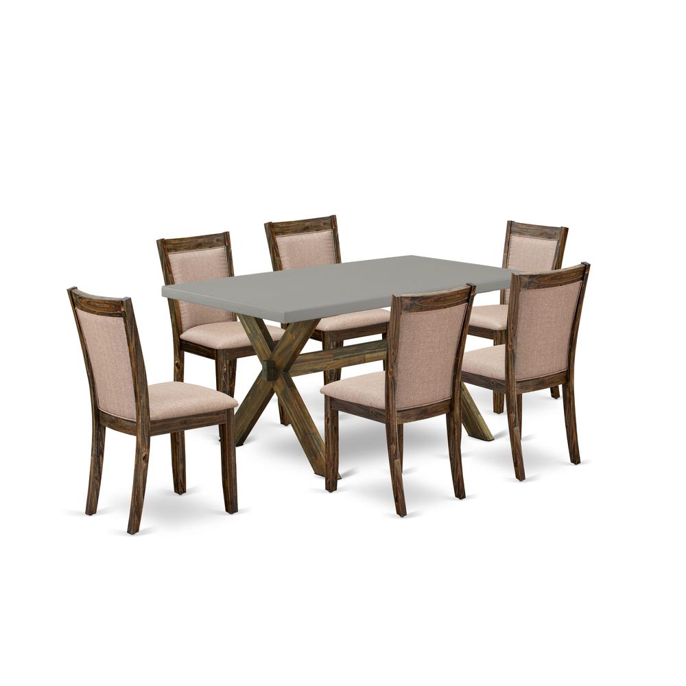 East West Furniture 7 Piece Contemporary Modern Dining Set - A Cement Top Dinner Table with Trestle Base and 6 Dark Khaki Linen Fabric Dining Room Chairs - Distressed Jacobean Finish. Picture 2