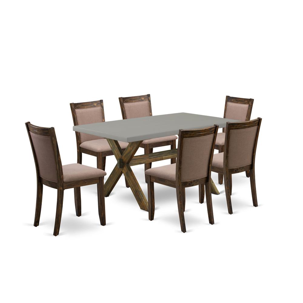 East West Furniture 7-Pc Dinette Room Set - 6 Padded Parson Chairs and 1 Modern Kitchen Table (Distressed Jacobean Finish). Picture 2