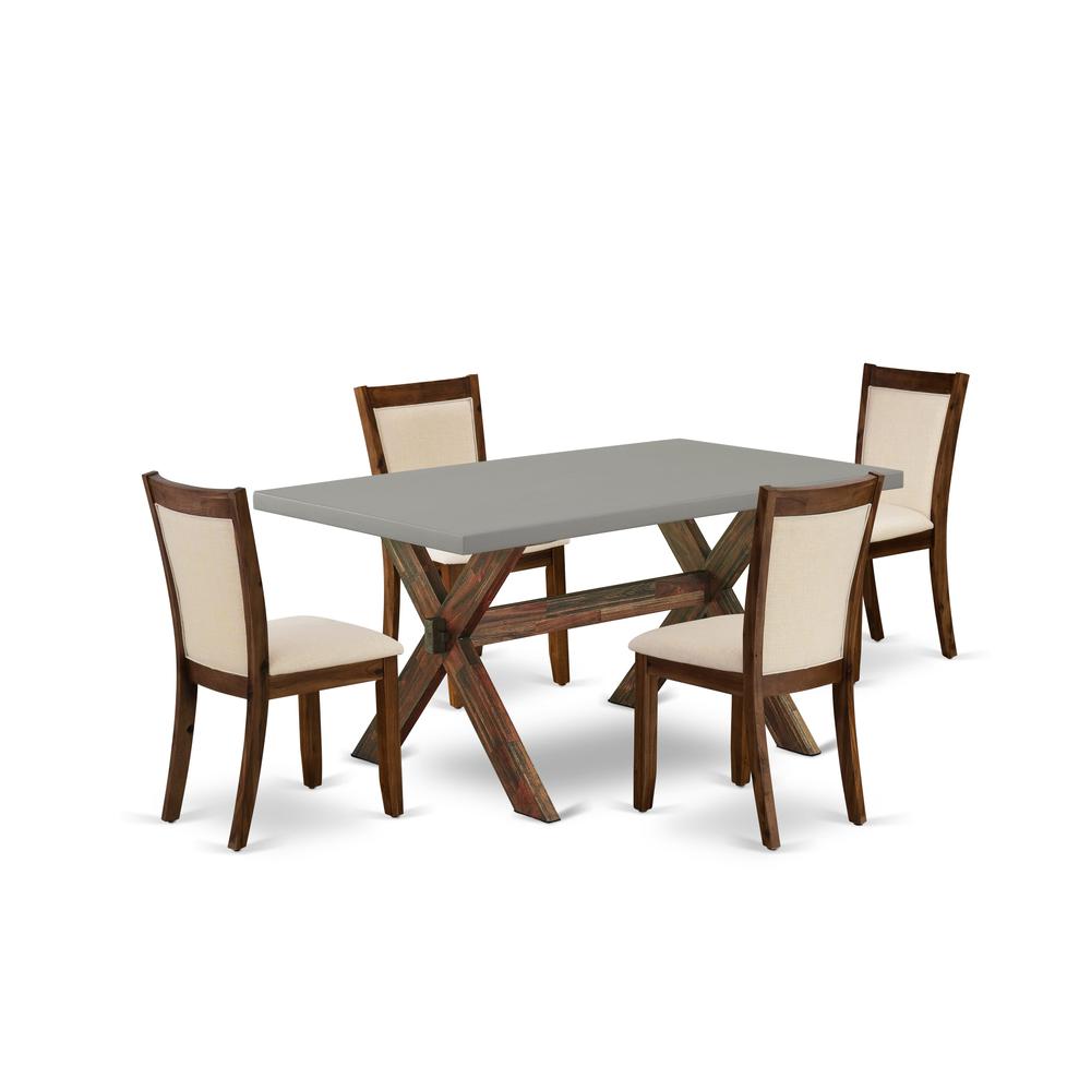 East West Furniture 5-Piece Dining Room Table Set Consists of a Mid Century Dining Table and 4 Light Beige Linen Fabric Parsons Chairs with Stylish Back - Distressed Jacobean Finish. Picture 2