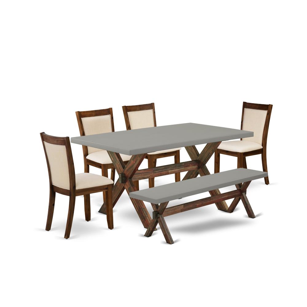 East West Furniture 6-Pc Table Set Contains a Rectangular Table and a Small Bench with 4 Light Beige Linen Fabric Parsons Chairs with Stylish Back - Distressed Jacobean Finish. Picture 2