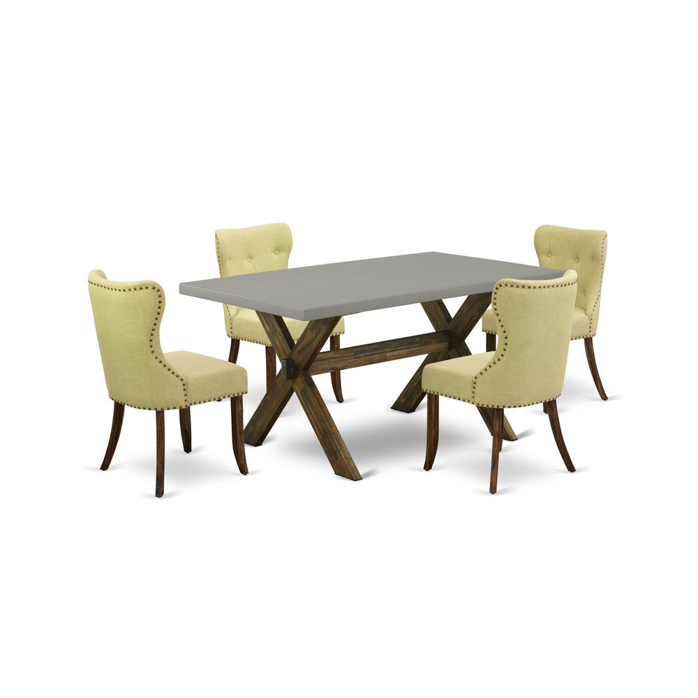 East West Furniture 5-Piece Modern Dining Table Set-Limelight Linen Fabric Seat and Button Tufted Back Parson Dining Chairs and Rectangular Top Wood Kitchen Table with Wooden Legs - Cement and Distres. Picture 1