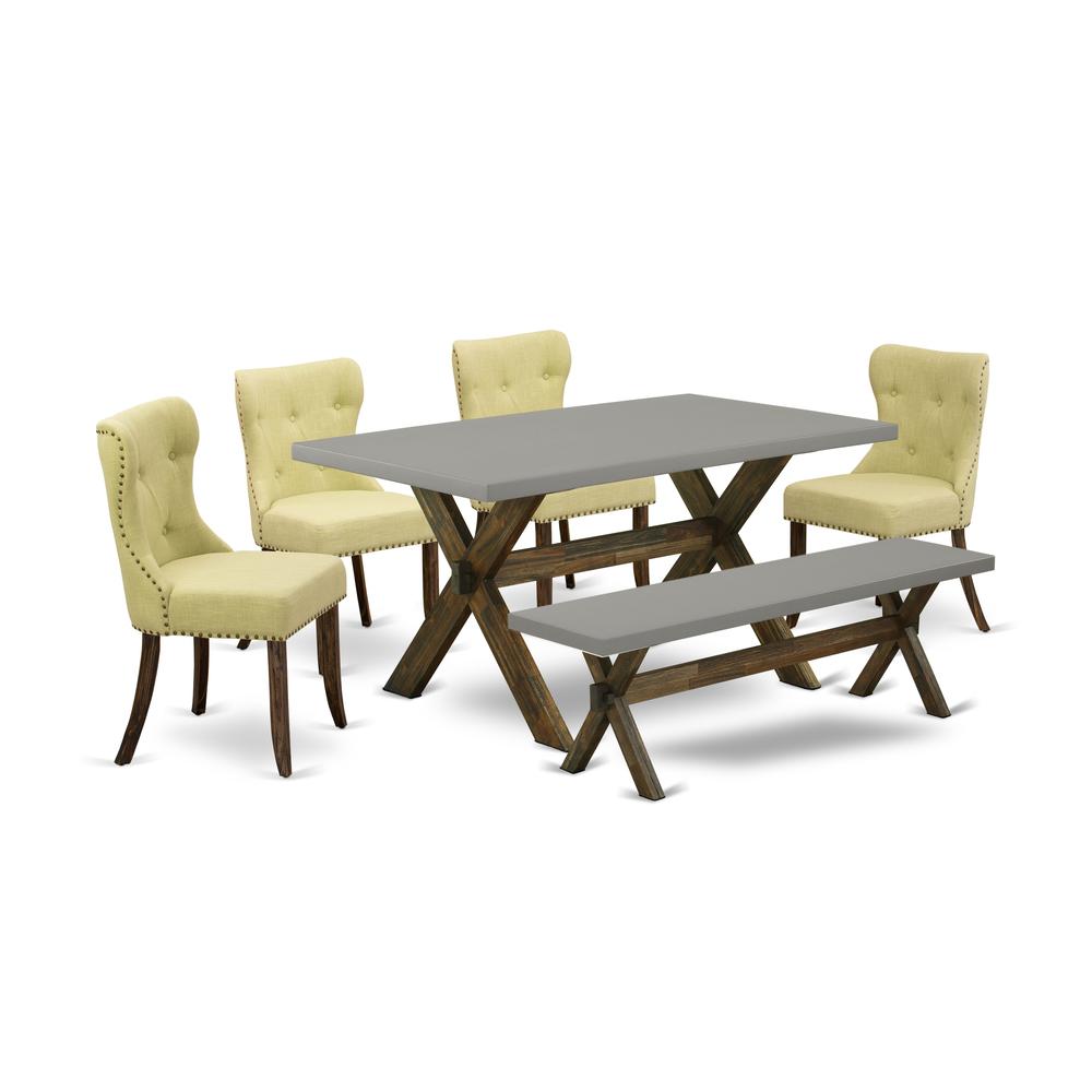 East West Furniture 6-Piece Dining Room Table Set-Limelight Linen Fabric Seat and Button Tufted Back Parson Dining Chairs and Rectangular Top Living Room Table and Wooden Bench with Solid Wood Legs -. Picture 1
