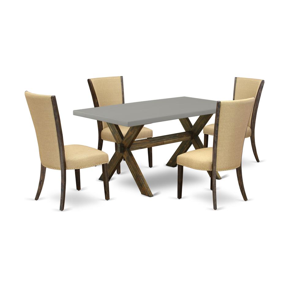 East West Furniture X796VE703-5 5Pc Dining Table Set Offers a Wood Dining Table and 4 Parson Chairs with Brown Color Linen Fabric, Medium Size Table with Full Back Chairs, Distressed Jacobean and Ceme. Picture 1