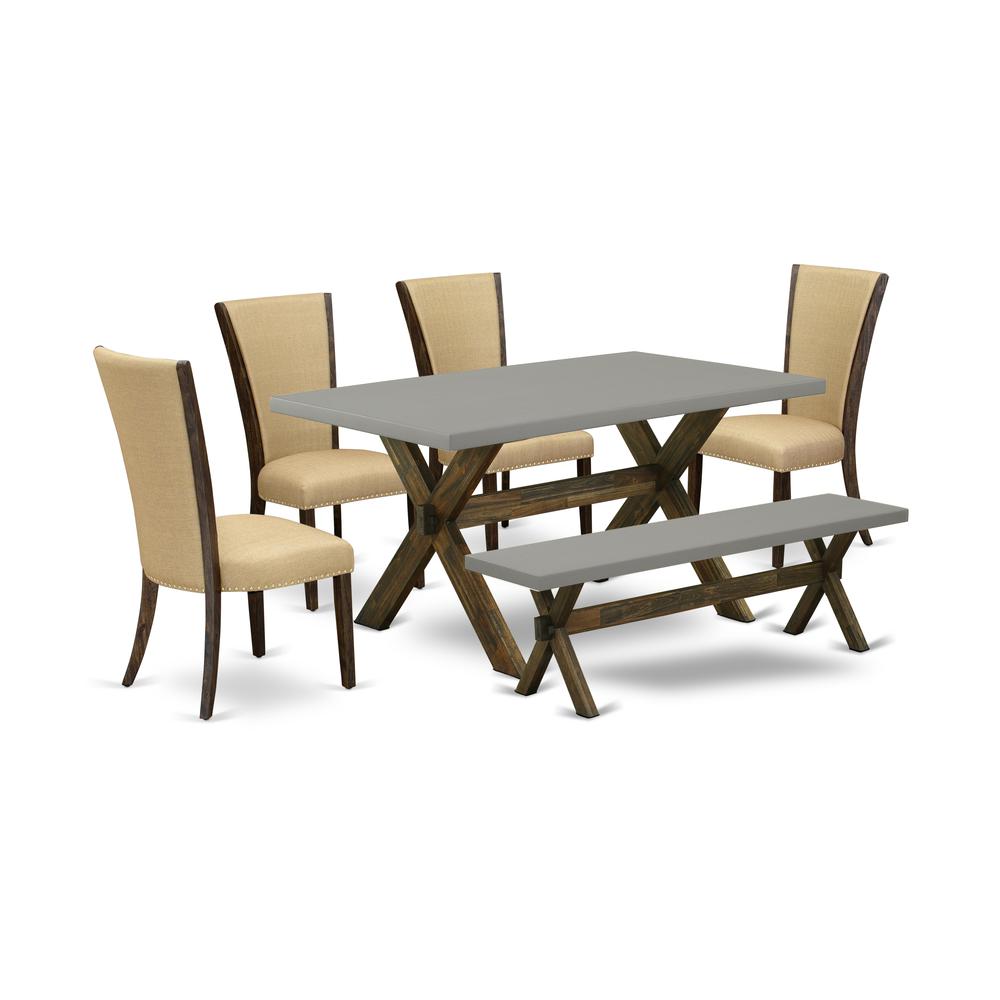 East West Furniture X796VE703-6 6 Piece Dining Table Set - 4 Brown Linen Fabric Modern Chair with Nailheads and Cement Wood Table - 1 Dining Bench - Distressed Jacobean Finish. Picture 1